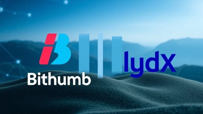 Bithumb logo and dYdX (DYDX) logo with a pause symbol, signifying the temporary suspension of DYDX services on the Bithumb crypto exchange.