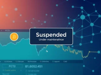 A digital screen displaying a Bithumb FCT2 suspension notice, indicating a temporary halt for a crucial network upgrade.