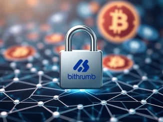A visual representation of Bithumb restrictions combating crypto money laundering, showing a secure blockchain and halted transactions.