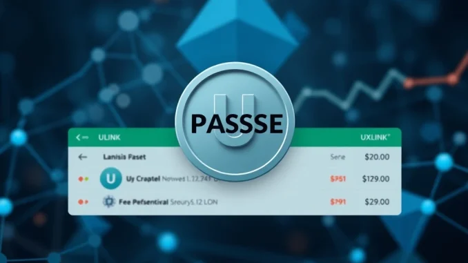 A digital lock symbol overlaying the UXLINK token logo on a Bithumb exchange interface, illustrating the temporary UXLINK withdrawals suspension.