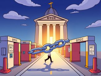 A cartoon illustration showing the Bitwise Chainlink ETF making progress through financial regulatory hurdles towards approval.