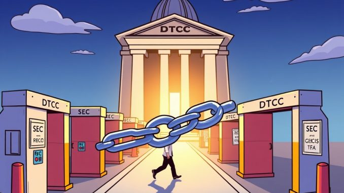 A cartoon illustration showing the Bitwise Chainlink ETF making progress through financial regulatory hurdles towards approval.
