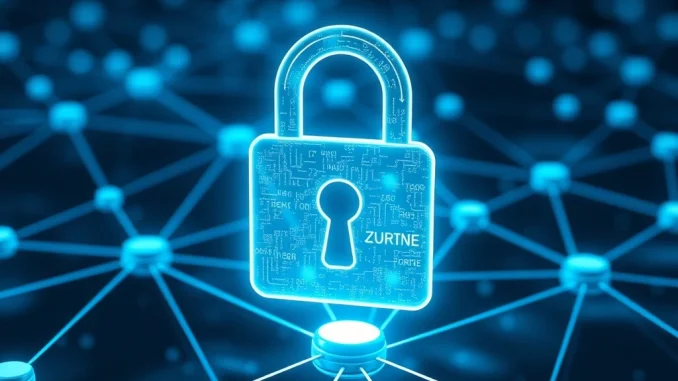 Digital padlock over a blockchain network, symbolizing **blockchain security** risks and potential fund freezing identified in the Bybit report.