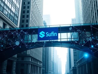 A digital bridge symbolizing the Bluefin partnership connecting traditional finance with blockchain, advancing institutional crypto trading.