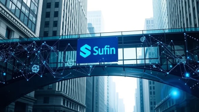 A digital bridge symbolizing the Bluefin partnership connecting traditional finance with blockchain, advancing institutional crypto trading.