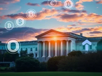 Bank of England building with digital currency overlays, symbolizing the proposed £20,000 stablecoin limit in the UK.