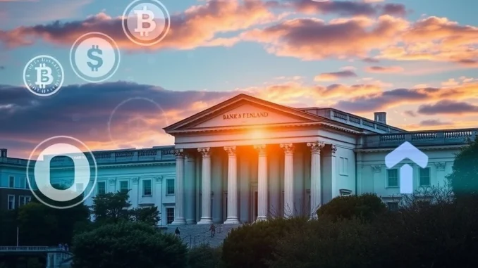 Bank of England building with digital currency overlays, symbolizing the proposed £20,000 stablecoin limit in the UK.