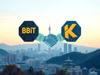Two digital entities shaking hands, symbolizing the potential Bybit acquisition of Korbit, impacting the South Korean crypto market.