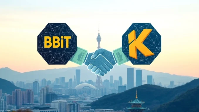 Two digital entities shaking hands, symbolizing the potential Bybit acquisition of Korbit, impacting the South Korean crypto market.