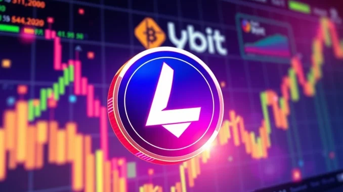A vibrant digital interface showing the Bybit LITKEY listing with trading charts and the Bybit logo, representing the new Bybit LITKEY listing opportunity.