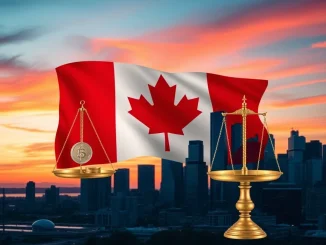 Canadian flag and digital currency symbols representing the nation's upcoming stablecoin regulation and oversight by the Bank of Canada.