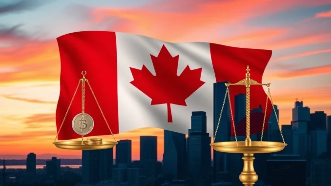 Canadian flag and digital currency symbols representing the nation's upcoming stablecoin regulation and oversight by the Bank of Canada.