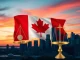 Canadian flag and digital currency symbols representing the nation's upcoming stablecoin regulation and oversight by the Bank of Canada.
