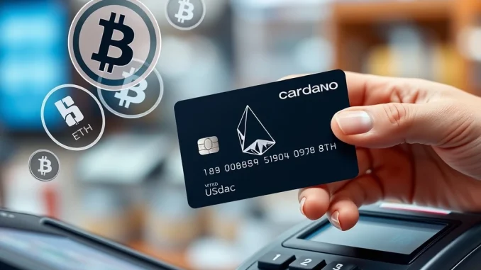 A user seamlessly making a purchase with the new Cardano Card, symbolizing easy access to cryptocurrency payments in daily life.