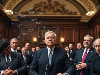 A formal hearing room where CFTC chairman nominee Mike Selig is set to undergo a crucial confirmation process, impacting future crypto regulation.