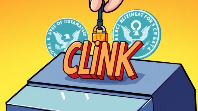 Cartoon illustration of the Chainlink ETF progressing towards SEC approval on a digital ledger, highlighting a pivotal moment for crypto investments.