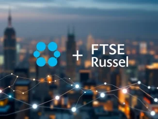Chainlink and FTSE Russell logos converging to represent their partnership in bringing financial indexes on-chain.