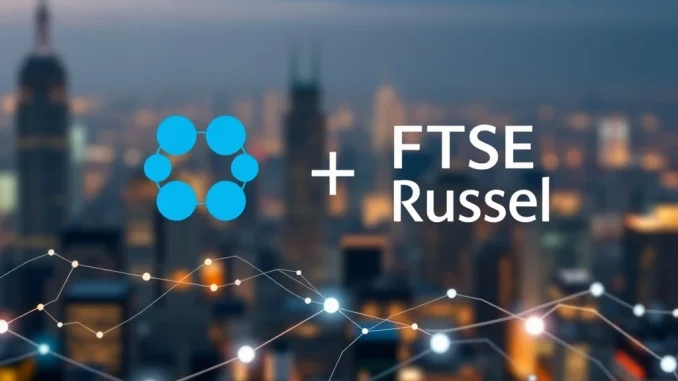 Chainlink and FTSE Russell logos converging to represent their partnership in bringing financial indexes on-chain.