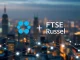 Chainlink and FTSE Russell logos converging to represent their partnership in bringing financial indexes on-chain.