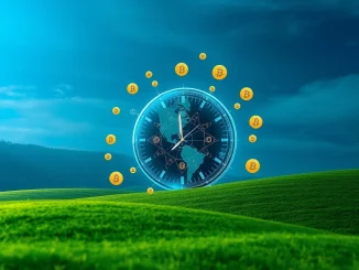 A digital clock and cryptocurrency symbols illustrate Coin Pulse's 24/7 cryptocurrency news schedule, ensuring constant market awareness.