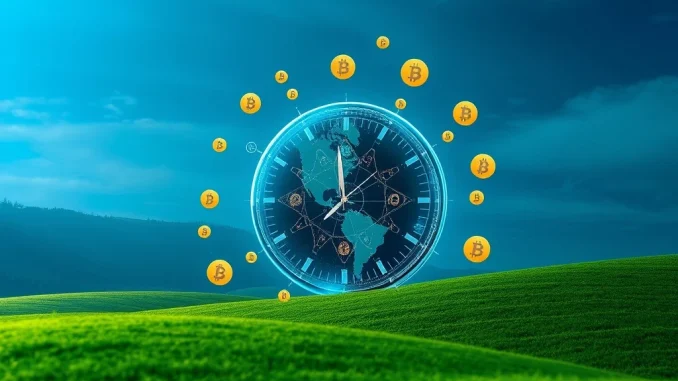 A digital clock and cryptocurrency symbols illustrate Coin Pulse's 24/7 cryptocurrency news schedule, ensuring constant market awareness.