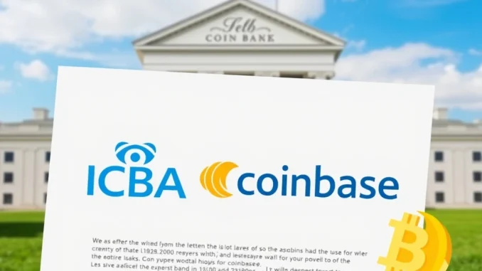 Coinbase's Crucial Bank Charter Bid Faces Strong Opposition from Banking Group An official letter from ICBA opposing Coinbase's national trust bank charter application, symbolizing the regulatory clash between crypto and traditional finance.