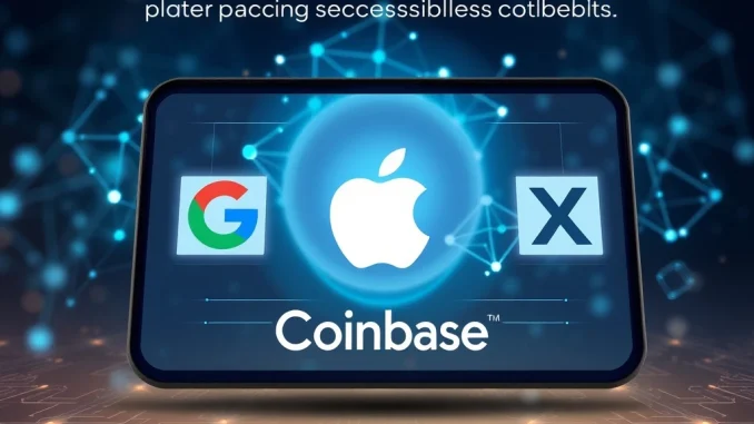 Coinbase Embedded Wallet interface showcasing Google, Apple, and X logos, symbolizing simplified Web3 login for accelerated blockchain adoption.