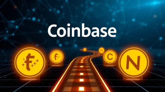 A digital roadmap highlights FLUID and NOM tokens, symbolizing Coinbase's latest crypto listing additions.