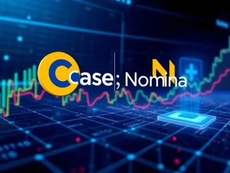 The Coinbase logo beside the Nomina (NOM) token symbol, signifying the Coinbase Nomina Listing and its impact on the cryptocurrency market.