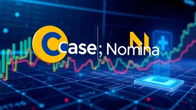 The Coinbase logo beside the Nomina (NOM) token symbol, signifying the Coinbase Nomina Listing and its impact on the cryptocurrency market.