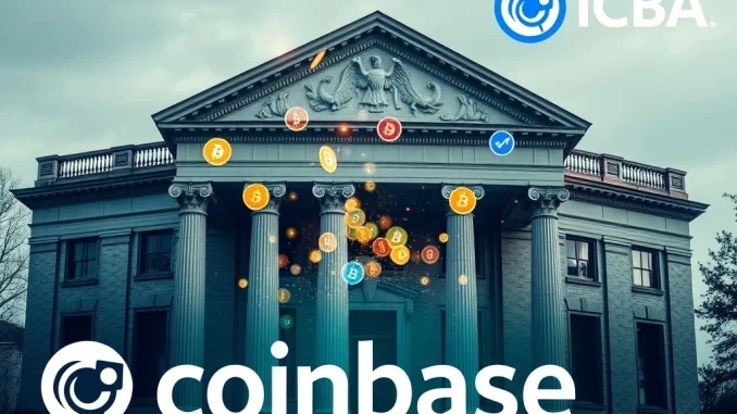 Urgent: Coinbase's National Trust Bank Charter Bid Faces Fierce ICBA Opposition Illustrating the intense ICBA opposition to Coinbase's national trust bank charter application, highlighting the friction between crypto and traditional finance.