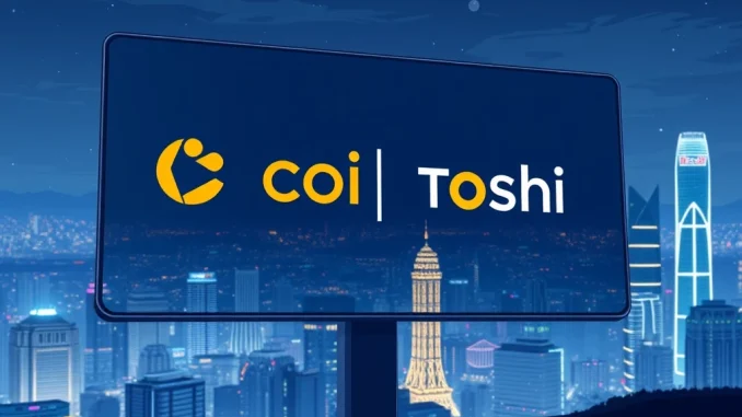 A digital representation of the Coinone Toshi listing announcement, symbolizing new opportunities for South Korean crypto traders.
