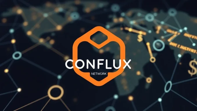 Conflux Network logo with digital USDT0 and CNHT0 stablecoins, illustrating crucial cross-chain support and financial innovation.
