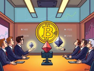 A cartoon illustration showing corporate crypto treasuries shifting, with Bitcoin's dominance decreasing as altcoins gain prominence among corporate holdings.