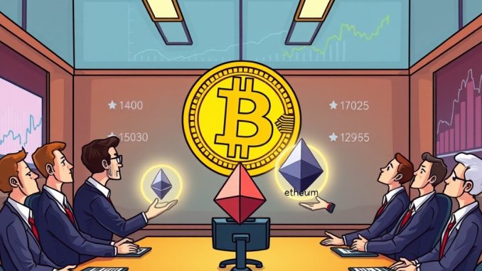 A cartoon illustration showing corporate crypto treasuries shifting, with Bitcoin's dominance decreasing as altcoins gain prominence among corporate holdings.