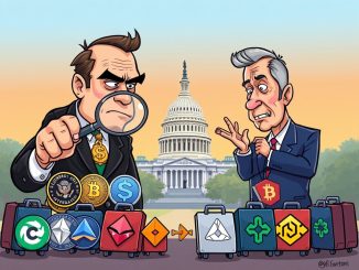 Cartoon showing SEC official and divided Congress debating crypto regulation, while crypto projects eye international exits.