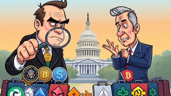 Cartoon showing SEC official and divided Congress debating crypto regulation, while crypto projects eye international exits.