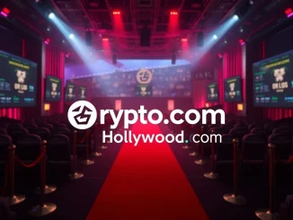 Crypto.com and Hollywood.com logos signify their partnership, launching cryptocurrency betting for movie awards and entertainment.