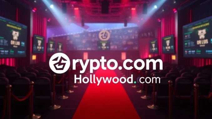 Crypto.com and Hollywood.com logos signify their partnership, launching cryptocurrency betting for movie awards and entertainment.