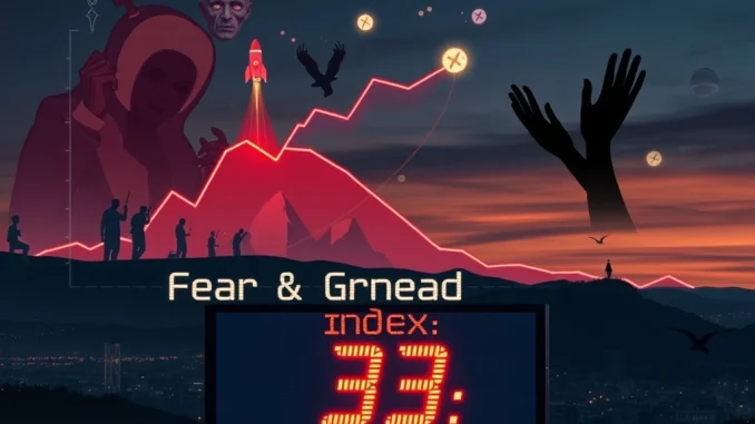 Depicting the **Crypto Fear & Greed Index** at 33, reflecting persistent fear and its impact on **cryptocurrency market sentiment**.