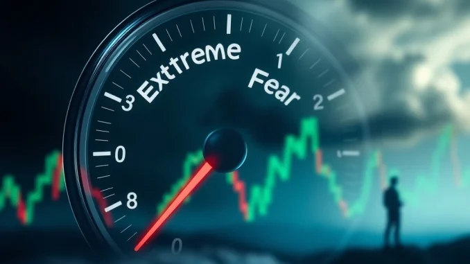 A digital gauge showing the Crypto Fear & Greed Index at 24, indicating extreme fear in the market, with cryptocurrency charts declining in the background.