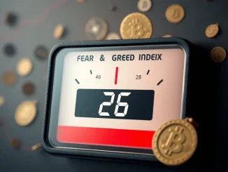 A visual representation of the Crypto Fear & Greed Index displaying a score of 26, indicating significant market fear among crypto investors.