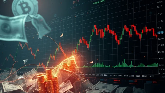 Chart showing a sudden drop in crypto futures market, symbolizing massive liquidations and market volatility.