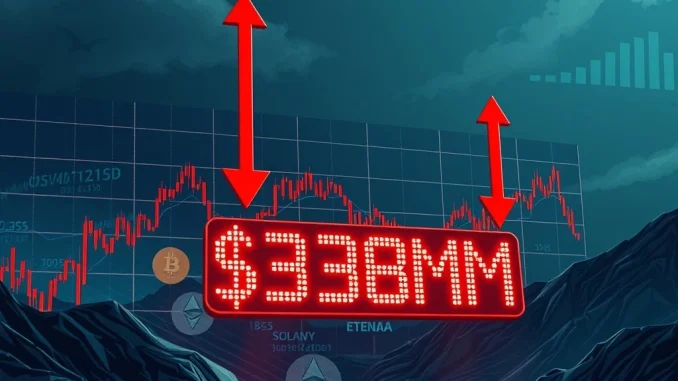 Chart illustrating massive crypto liquidations exceeding $376M, highlighting significant losses for long positions in Bitcoin, Ethereum, and Solana.