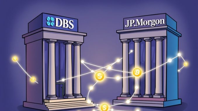 Illustration de deux banques interconnectées par des flux de données symbolisant des <strong>dépôts tokenisés</strong> interbancaires, montrant la collaboration financière.