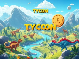 An exciting visual representing the Dino Tycoon Web3 simulation game and its TYCOON token launch, featuring a Binance Alpha listing.