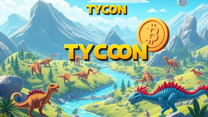 An exciting visual representing the Dino Tycoon Web3 simulation game and its TYCOON token launch, featuring a Binance Alpha listing.