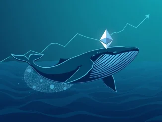 A stylized ETH whale swimming towards a rising Ethereum logo, symbolizing significant crypto whale profit from a strategic long position flip.