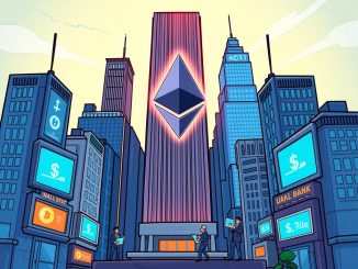 Cartoon illustration showing Ethereum institutionnel as the digital backbone of Wall Street, symbolizing its growing adoption by financial giants.