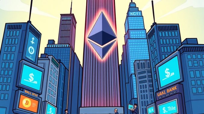 Cartoon illustration showing Ethereum institutionnel as the digital backbone of Wall Street, symbolizing its growing adoption by financial giants.